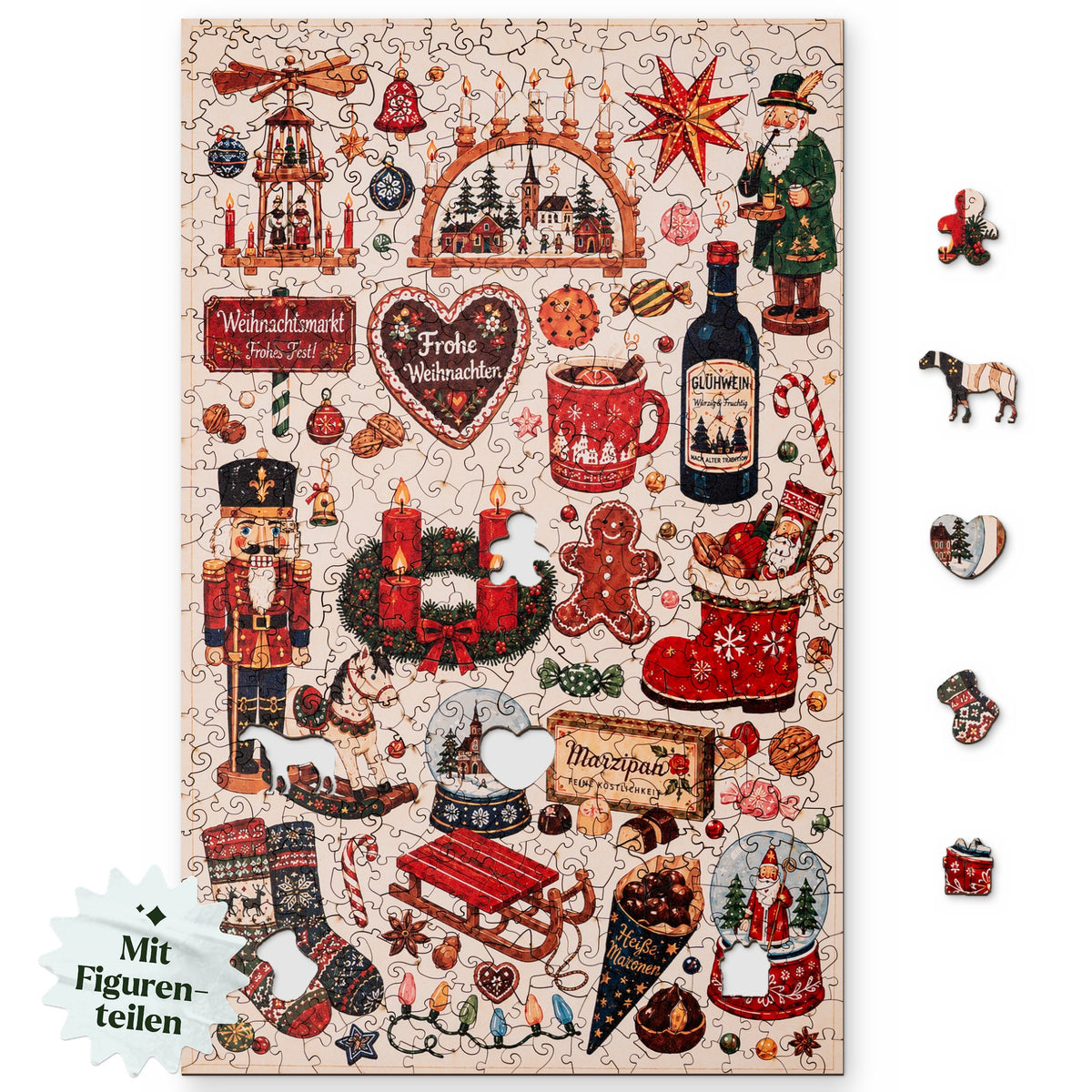 "Magical Christmas Season" Wooden Puzzle, with a top-view design on a white background, alongside figure pieces such as a gingerbread man, a rocking horse, and a heart