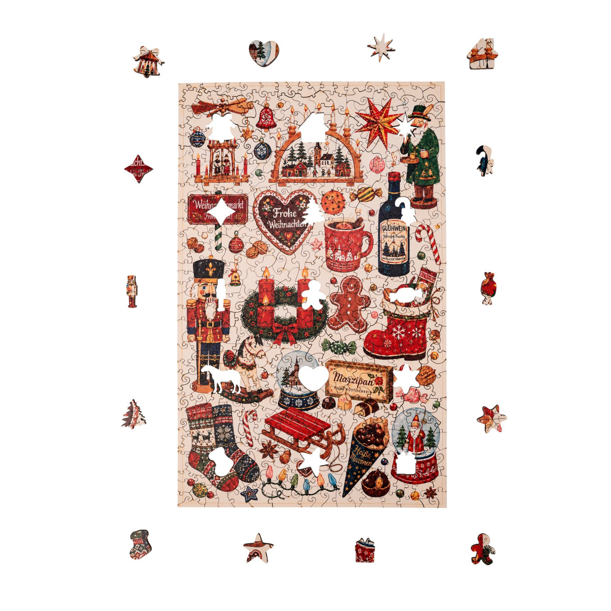 "Magical Christmas Season" Wooden Puzzle, pre-assembled design featuring Christmas motifs, framed by character pieces