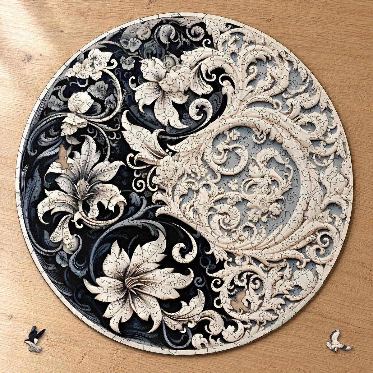 "Timeless Balance" Mandala Wooden Puzzle, almost complete on a light oak table, with two puzzle pieces next to it
