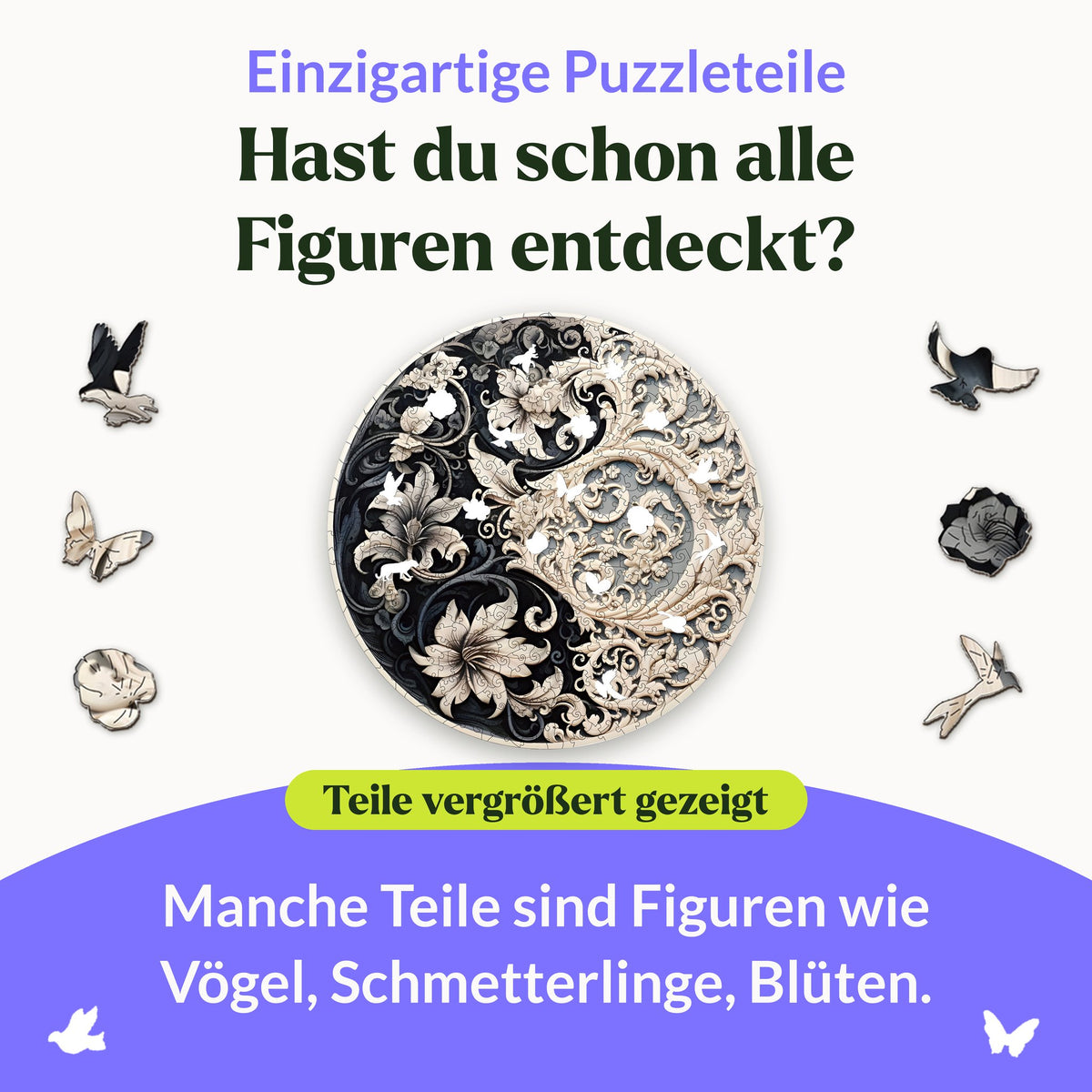 Zeitlose Ausgewogenheit Mandala Holzpuzzle, Motiv mit Figurenteilen wie Adler, Schmetterling, Vögel und Blüten