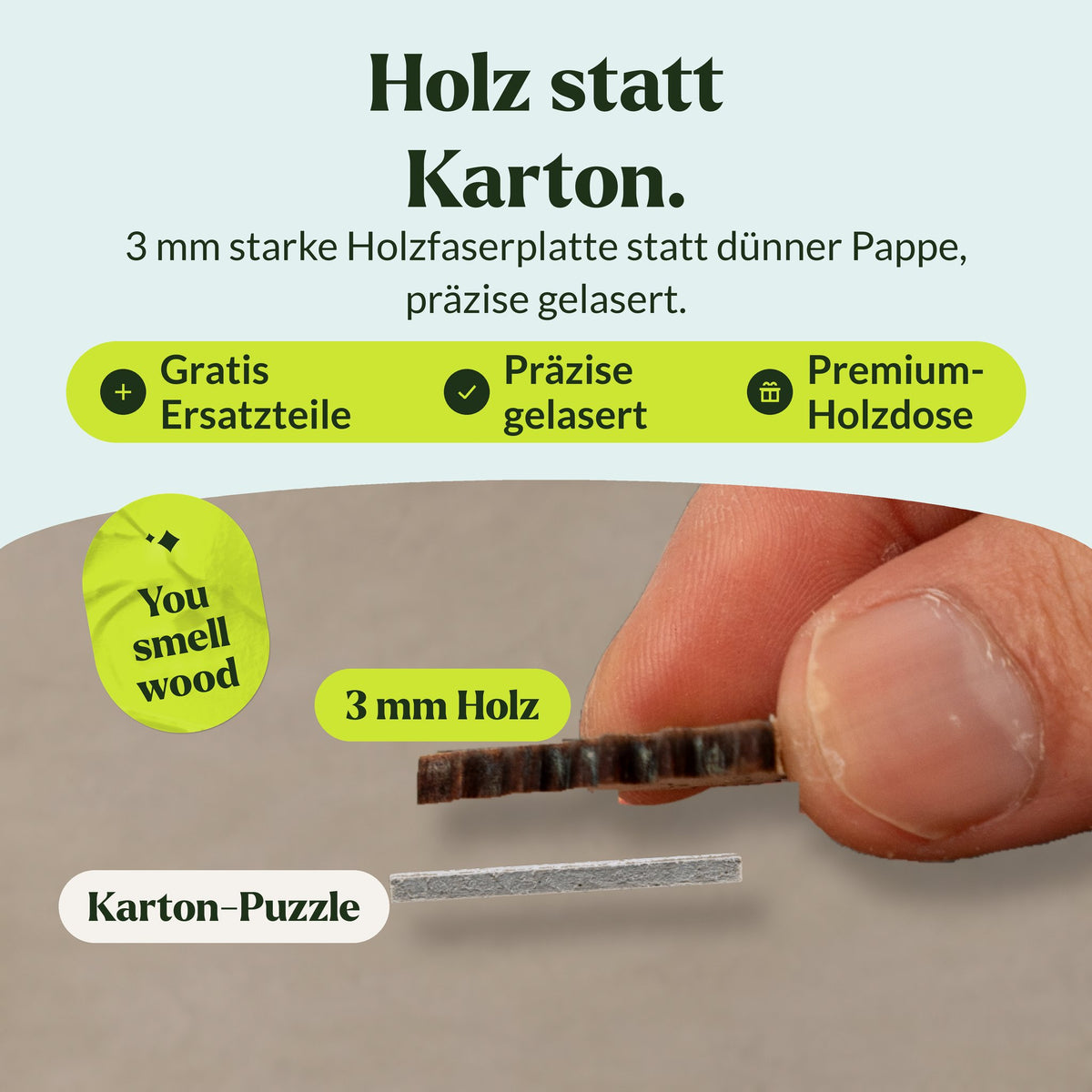 Zeitlose Ausgewogenheit Mandala Holzpuzzle, 3 mm Holzteil im Profil, darunter getrennt ein dünnes Pappteil