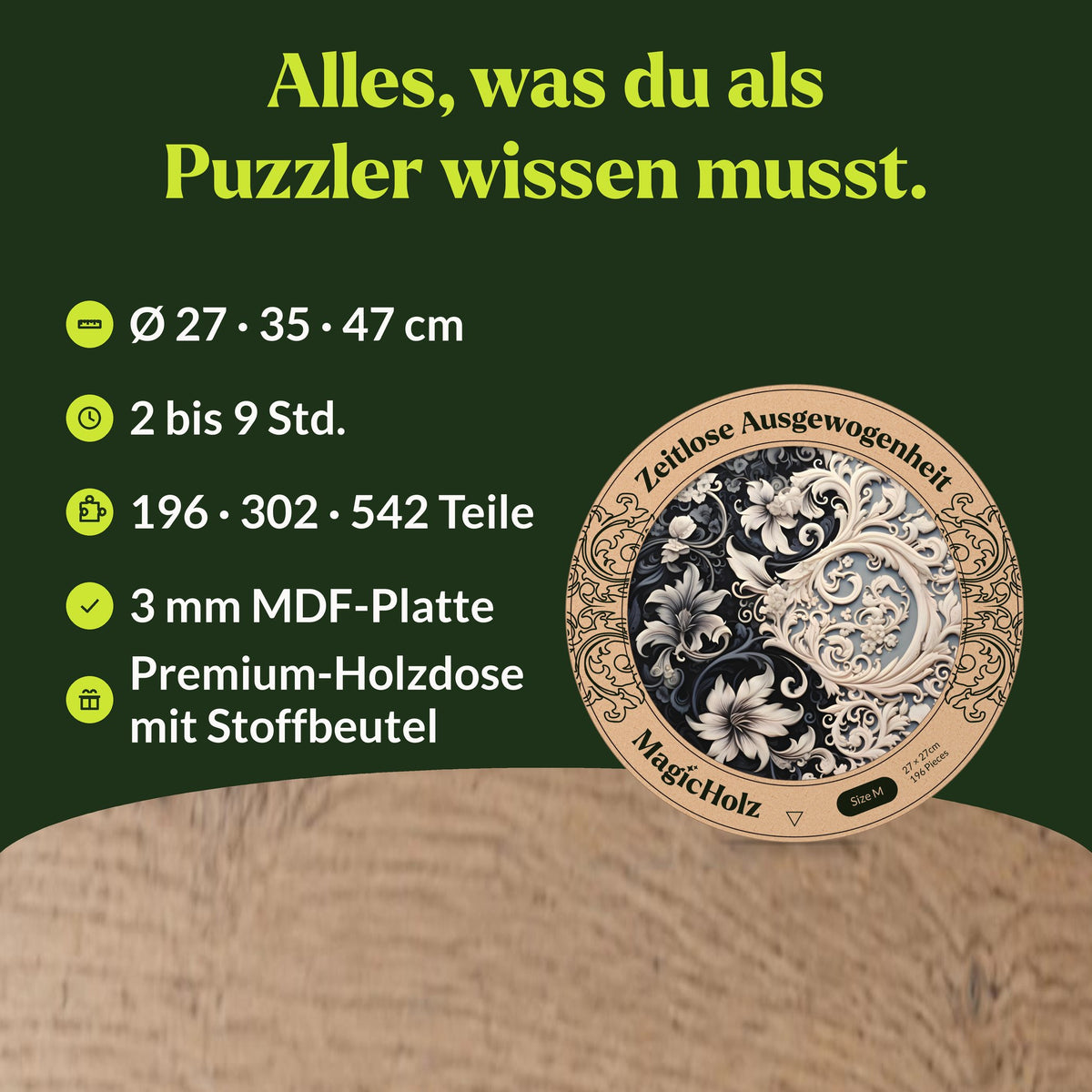 Zeitlose Ausgewogenheit Mandala Holzpuzzle, Ø 27, 35 oder 47 cm, 196 bis 542 Teile, 3 mm MDF, Holzdose mit Stoffbeutel