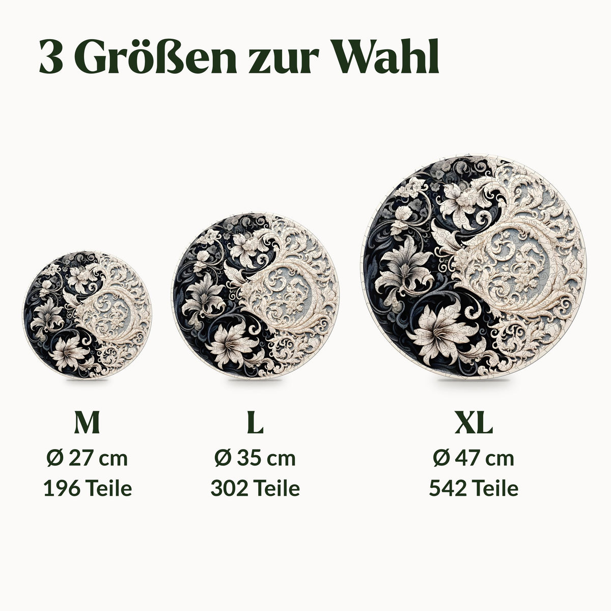 Zeitlose Ausgewogenheit Mandala Holzpuzzle, drei Größen maßstäblich: M Ø 27 cm, L Ø 35 cm und XL Ø 47 cm mit Teilezahl