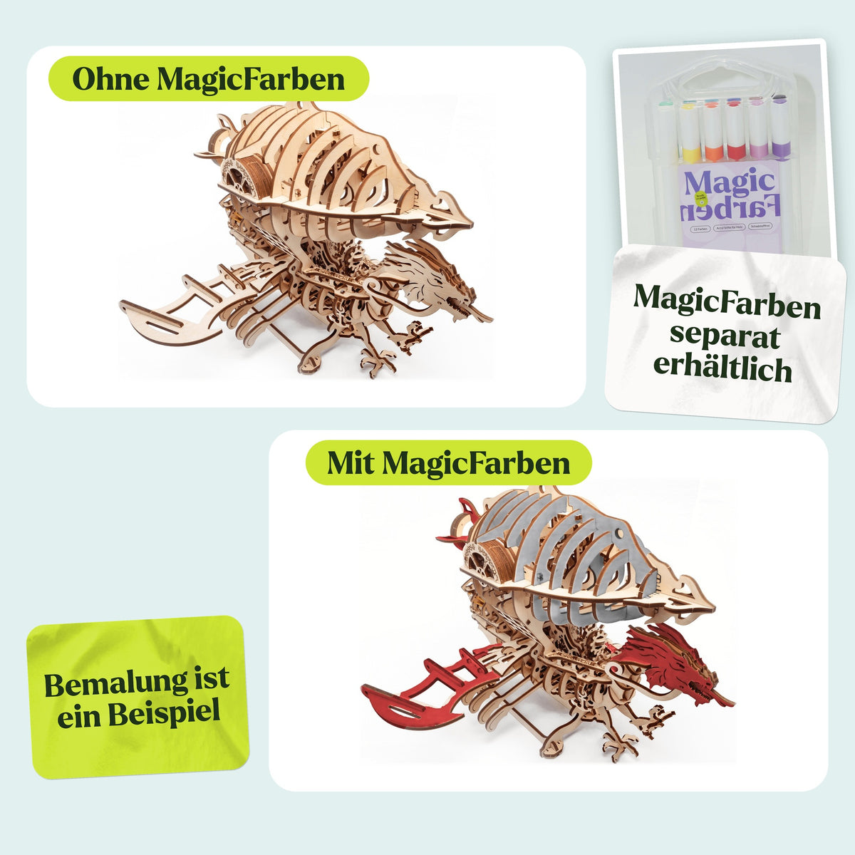 Zeppelin Holzbausatz, naturbelassen und als Beispiel mit MagicFarben bemalt (MagicFarben separat erhältlich)