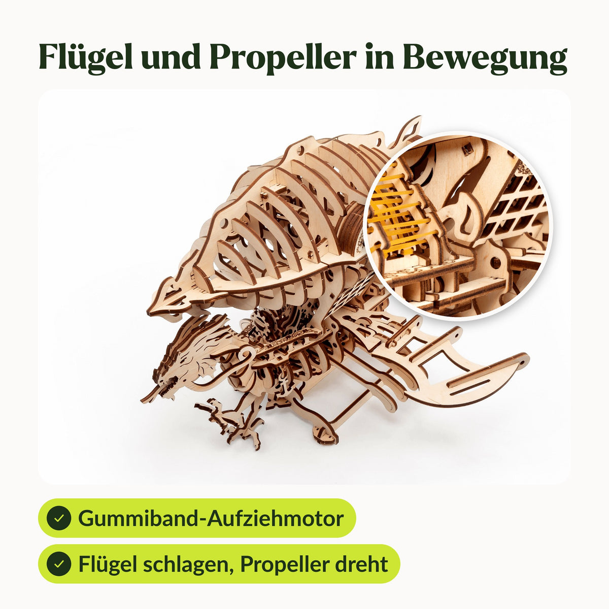 Zeppelin Holzmodell mit Gummiband-Aufziehmotor, die Flügel schlagen und der Propeller dreht sich
