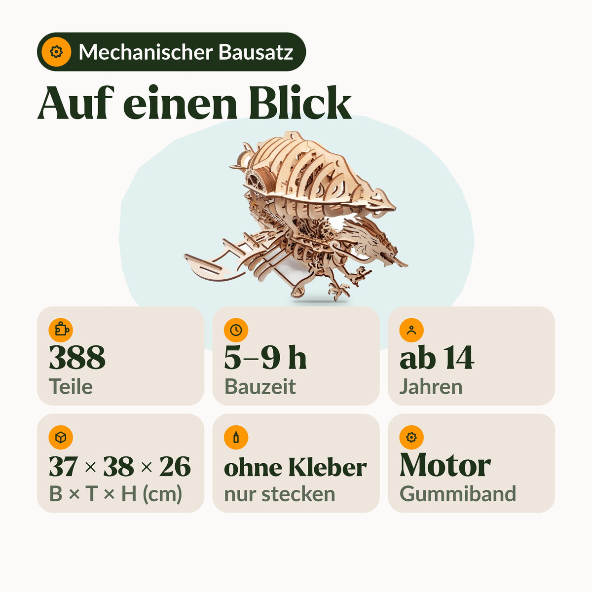 Infografik Zeppelin: 388 Teile, 5 bis 9 Stunden Bauzeit, ab 14 Jahren, 37 × 38 × 26 cm, ohne Kleber, Gummibandmotor