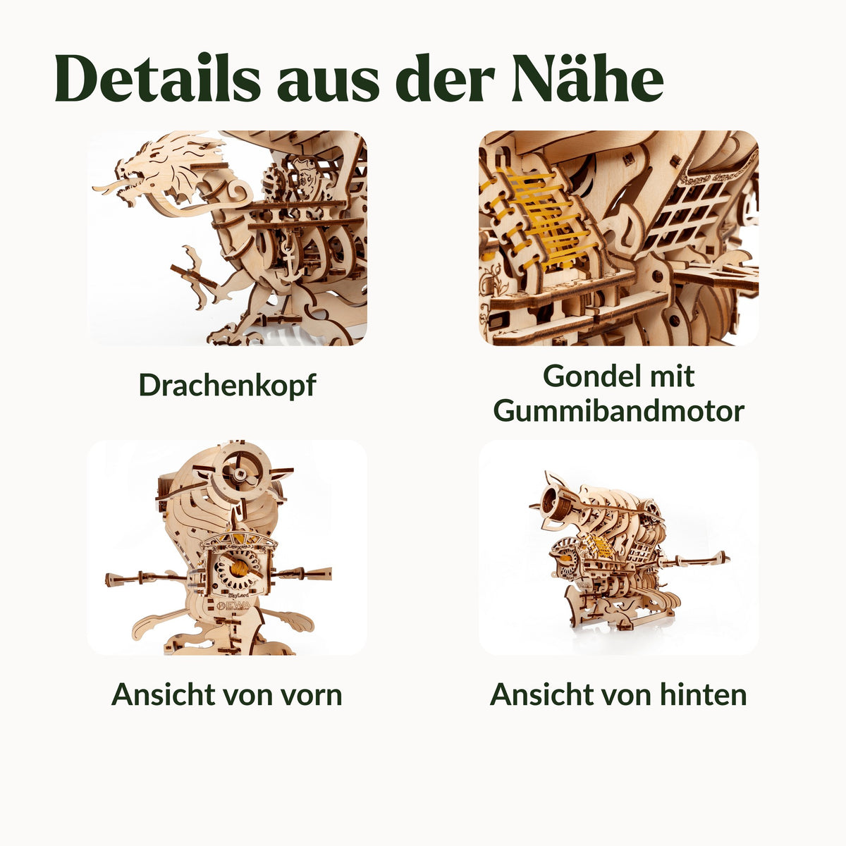 Details am Zeppelin: Drachenkopf, Gondel mit Gummibandmotor sowie das Holzmodell von vorn und von hinten