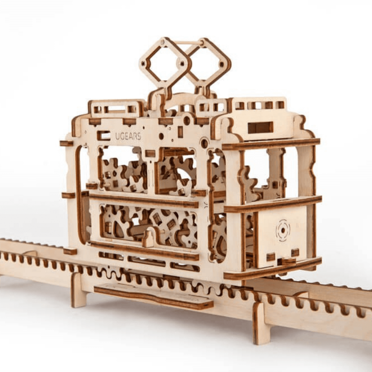 Tram met rails-Mechanische houten puzzel - Versnellingen...