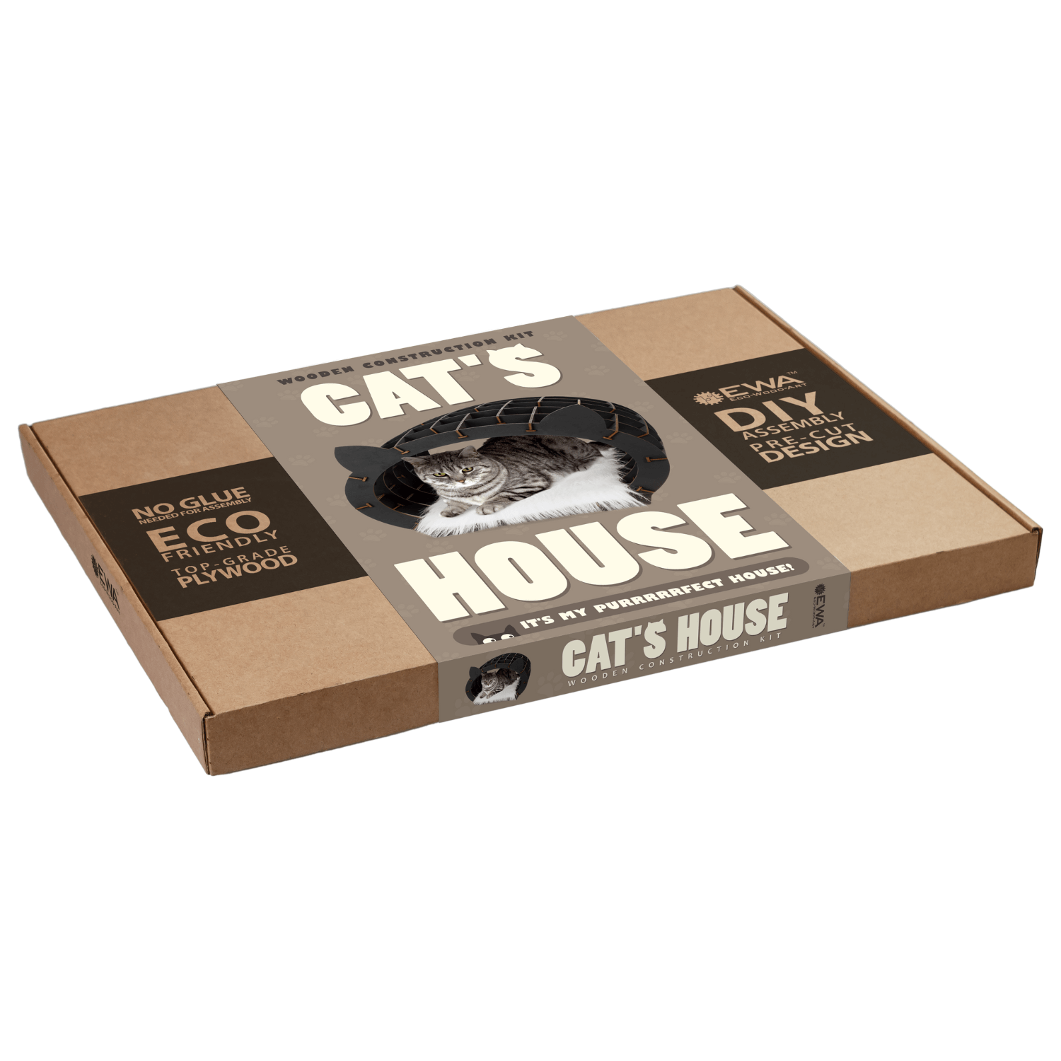 Kattenhuis Kit | Zwart Frame - Wit Bont-3D Puzzel-Eco-Wood-Art--