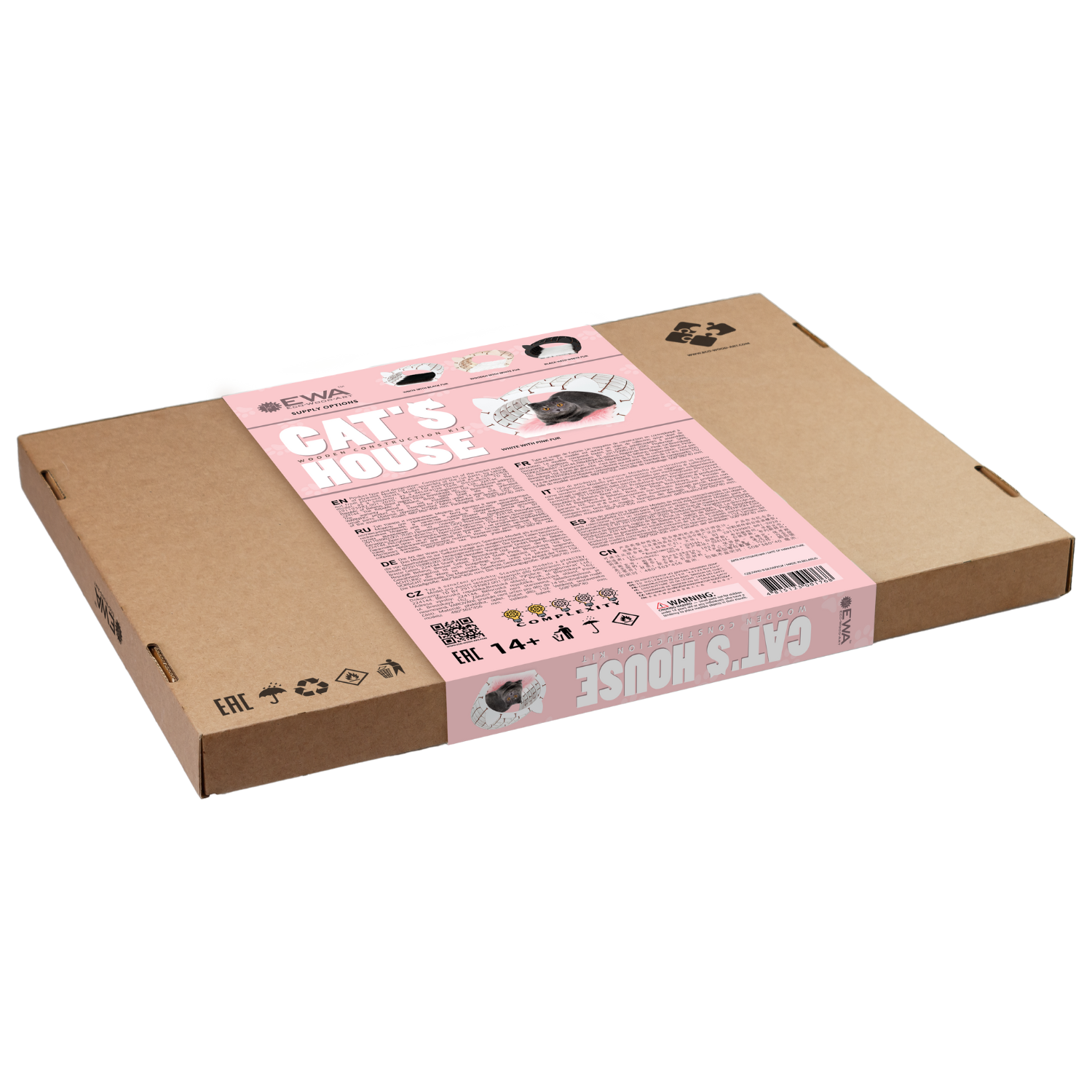 Kit maison pour chat | cadre blanc - fourrure rose-3D Puzzle-Eco-Wood-Art--