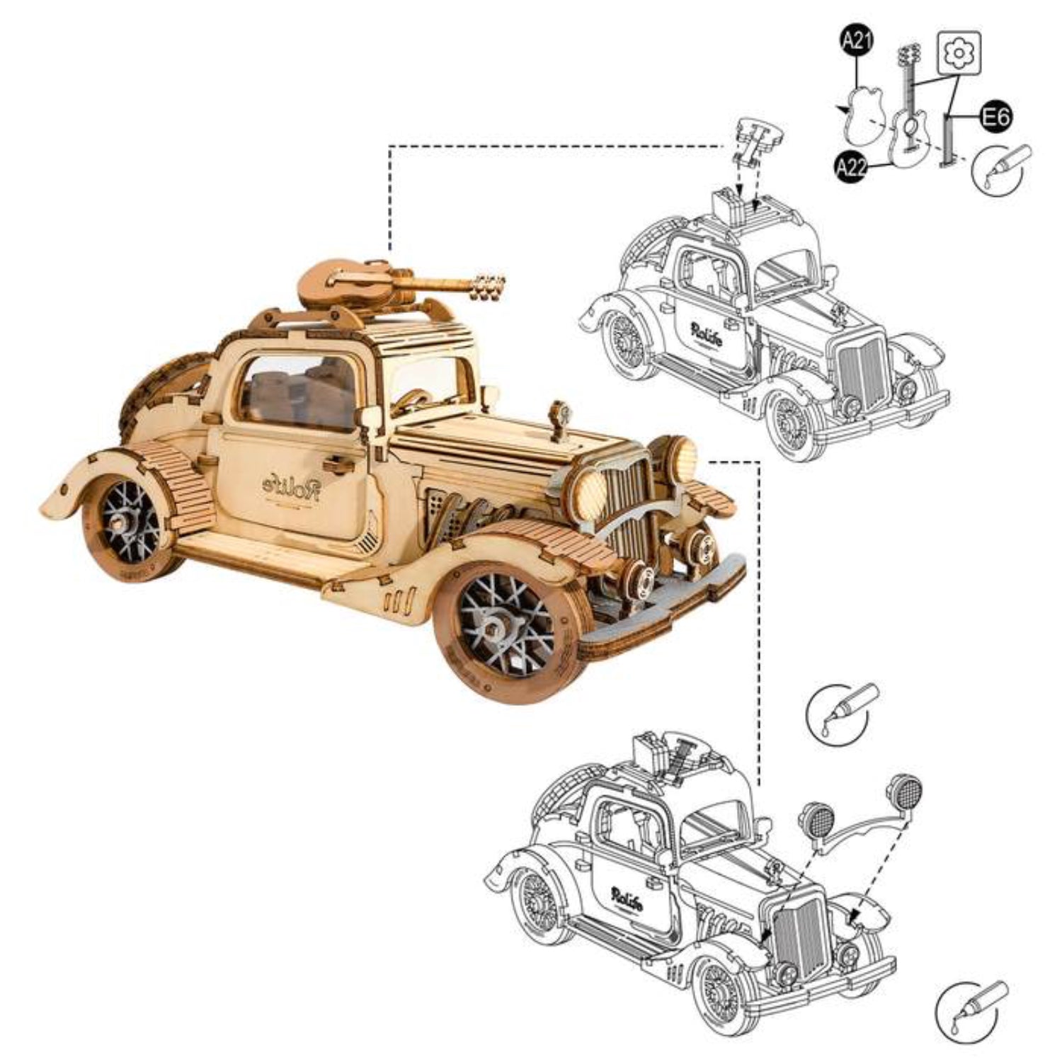 Voiture vintage avec guitare Puzzle 3D Robotime